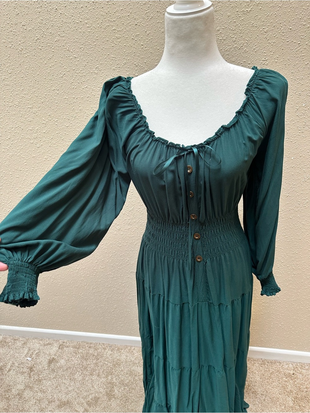 Green Smocked Tiered Maxi Dress Long Balloon Sleeve Cottagecore Ren Fair Boho M